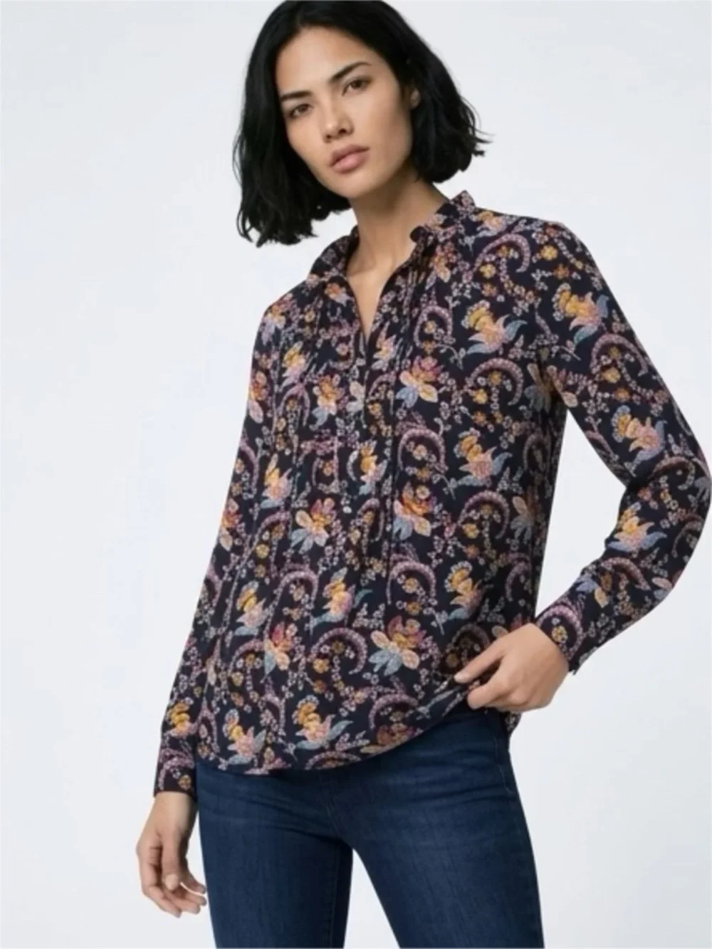 LOFT FLORAL PLEATED BUTTON DOWN LONG SLEEVE BLOUSE, MEDIUM - Picture 1 of 7